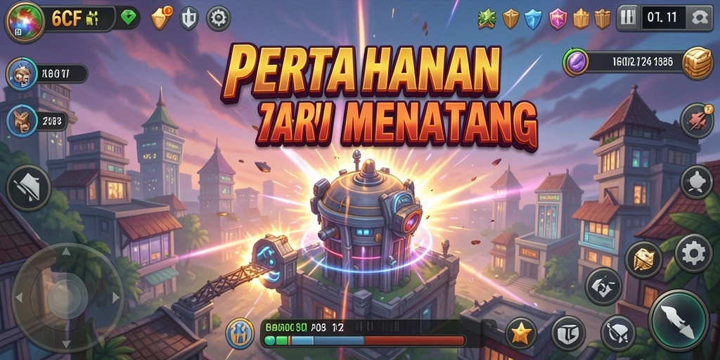 Tangkapan layar gameplay 6CF, menampilkan pertahanan menara yang strategis.