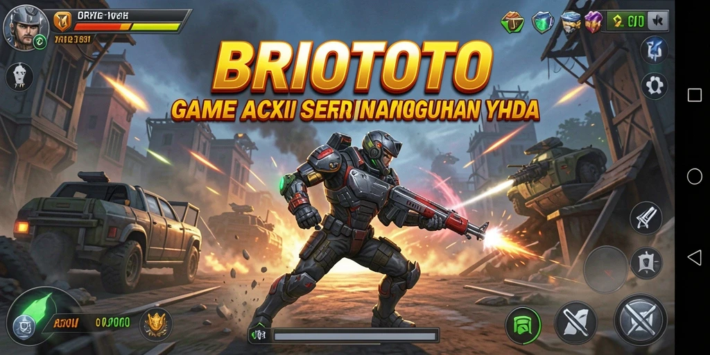 Screenshot menampilkan karakter aksi dalam BRIOTOTO dengan latar belakang yang menegangkan.