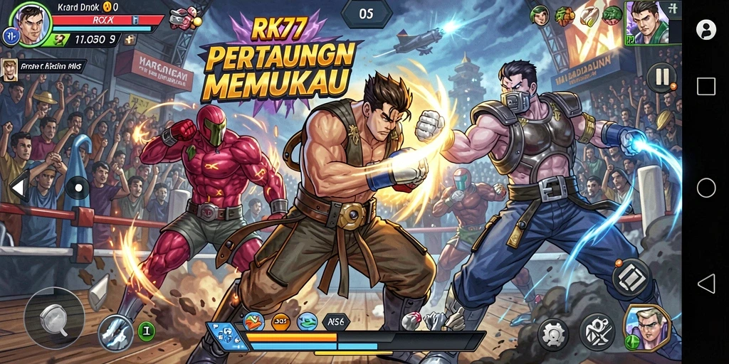 Screenshot RK77 menampilkan aksi pertarungan seru dengan karakter utama berhadapan.