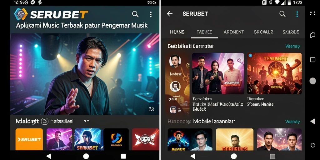 Tampilan layar SERUBET menampilkan antarmuka lagu dan lirik yang menarik.
