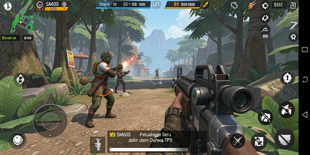 Screenshot menampilkan gameplay seru dalam SM605 dengan aksi tembak-menembak yang mendebarkan.